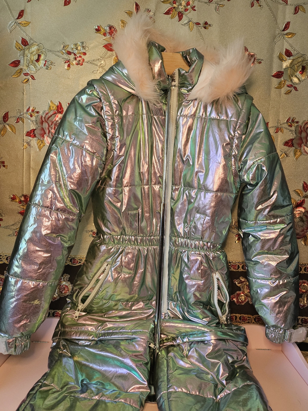 Club Exx Aurora Beam Iridescent Holographic Snowsuit with Faux Fur Hood - Picture 9 of 10
